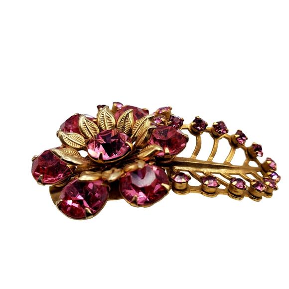 Retro Abstract Leaf Brooch Pink Rhinestone Flower Pin Gold Tone MCM Vintage 60s - Picture 5 of 6